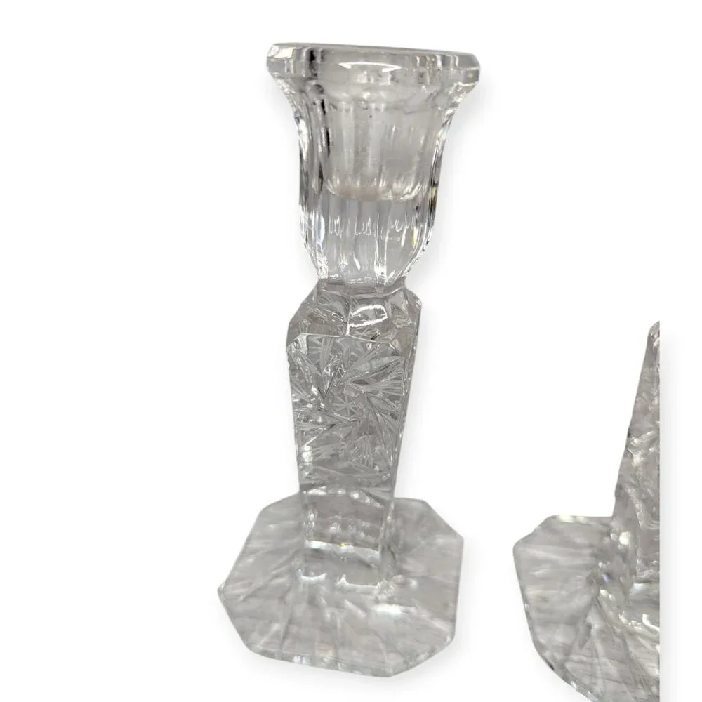 Vintage Pair Set Cut Lead Crystal Candle Stick Holders Pinwheel Pattern 6